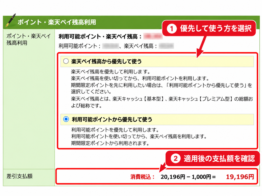 楽天トラベルで楽天ペイ残高とポイントの優先設定と差引支払額を確認する画面